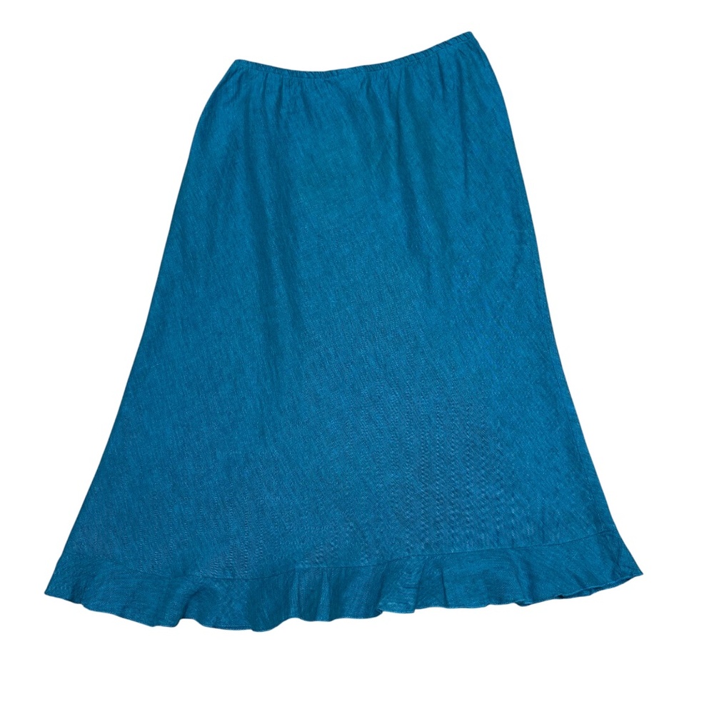 Bryn Walker Linen A-Line Skirt Teal Ruffle Hem Elastic Waist Large - Picture 3 of 8